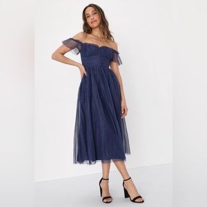 Lulu’s Regal Radiance Navy Blue Tulle Bustier Midi Dress